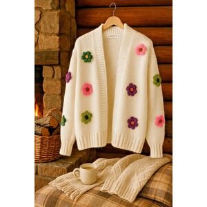 Bailey 44 White Chunky Knit Cardigan Sweater 3D Crochet Flowers Soft Cozy
